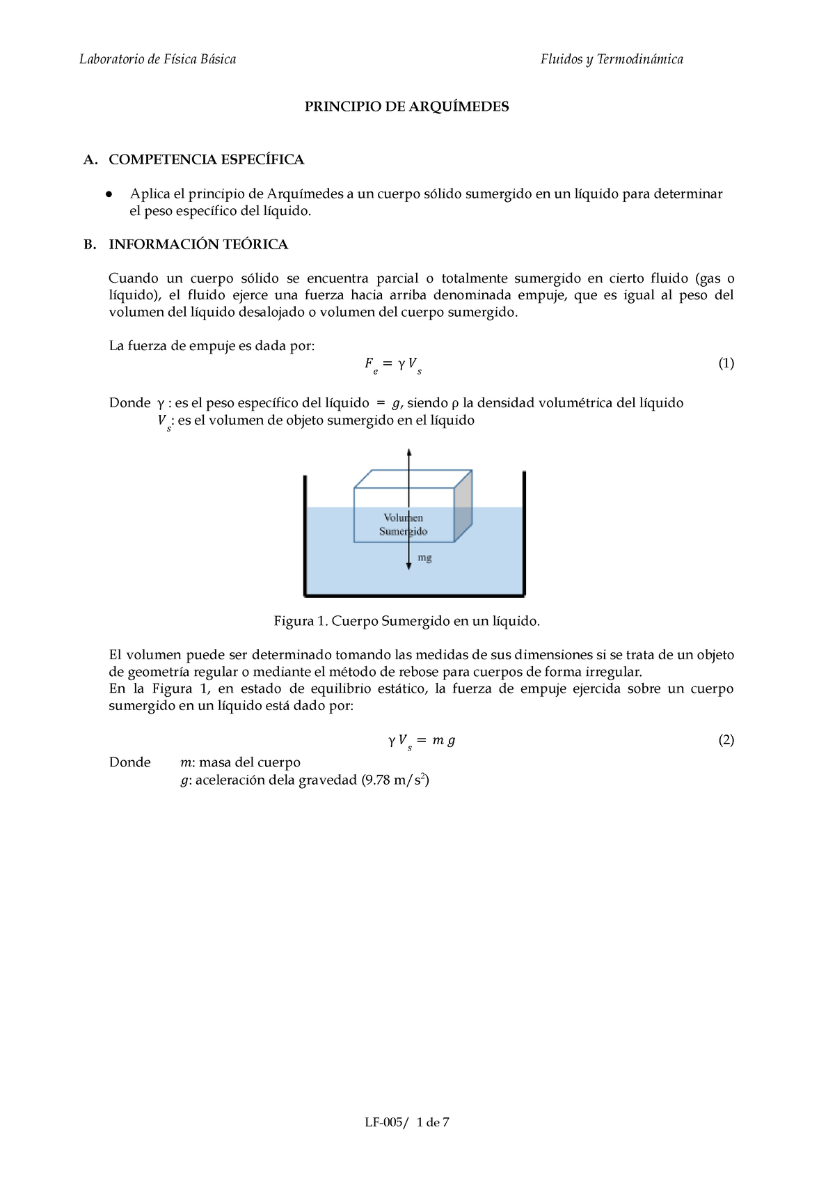 Guía Lab. Principio DE Arquímedes Válido (1) - PRINCIPIO DE ARQUÍMEDES ...