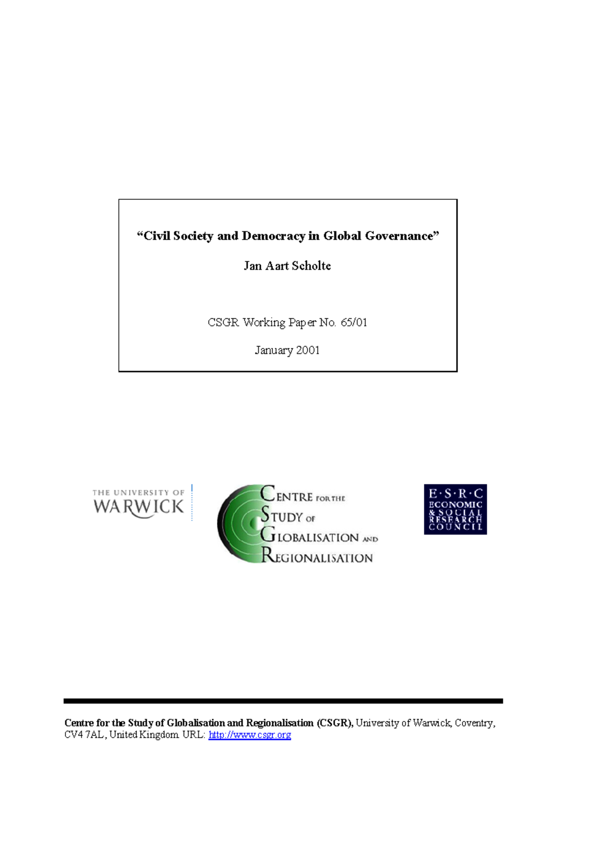 Civil Society Democracy IN Global Governance - “Civil Society and ...