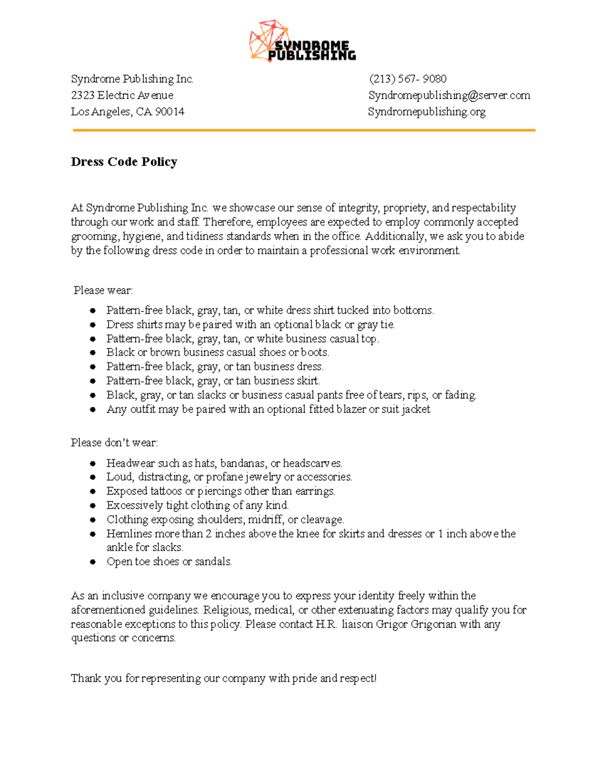 Dress Code Assignment - Syndrome Publishing Inc. (213) 567- 9080 2323 ...