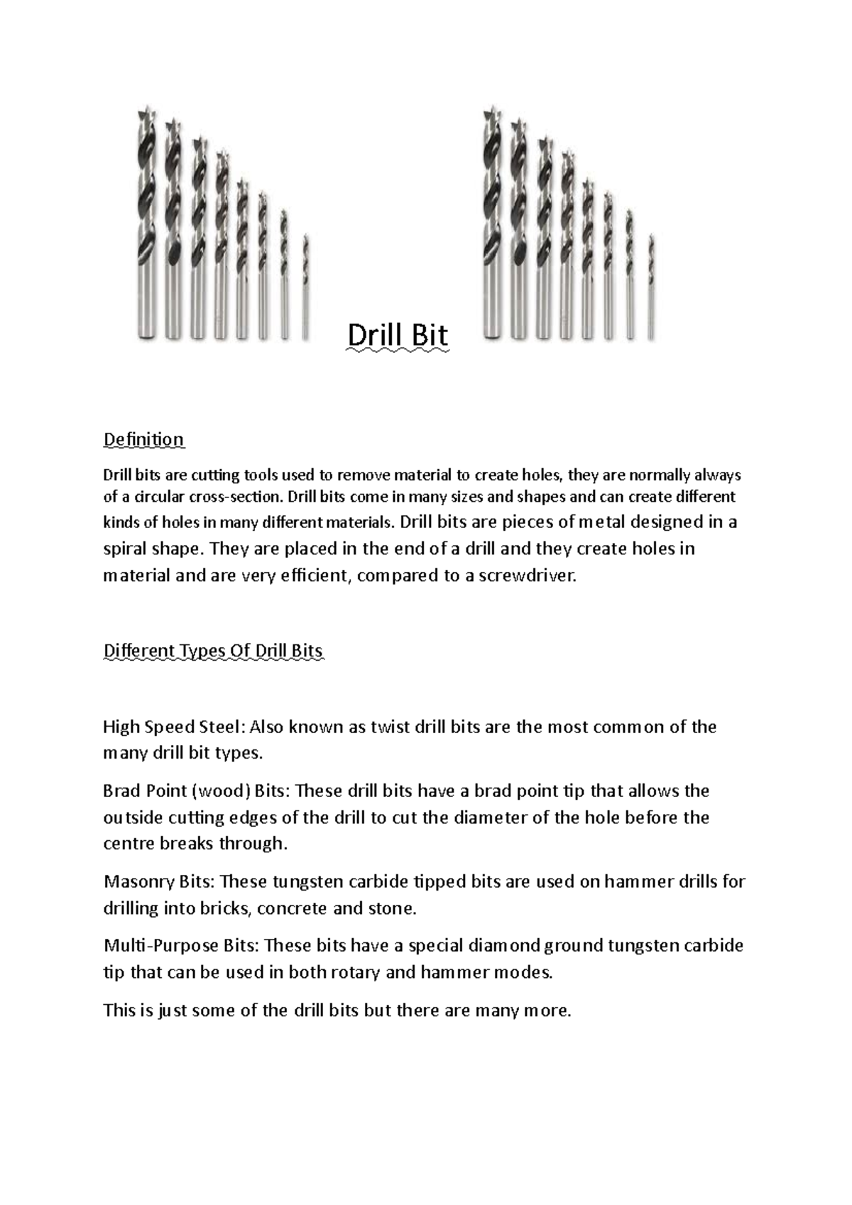 Drill Bits and counterboreing Drill Bit Definition Drill bits are