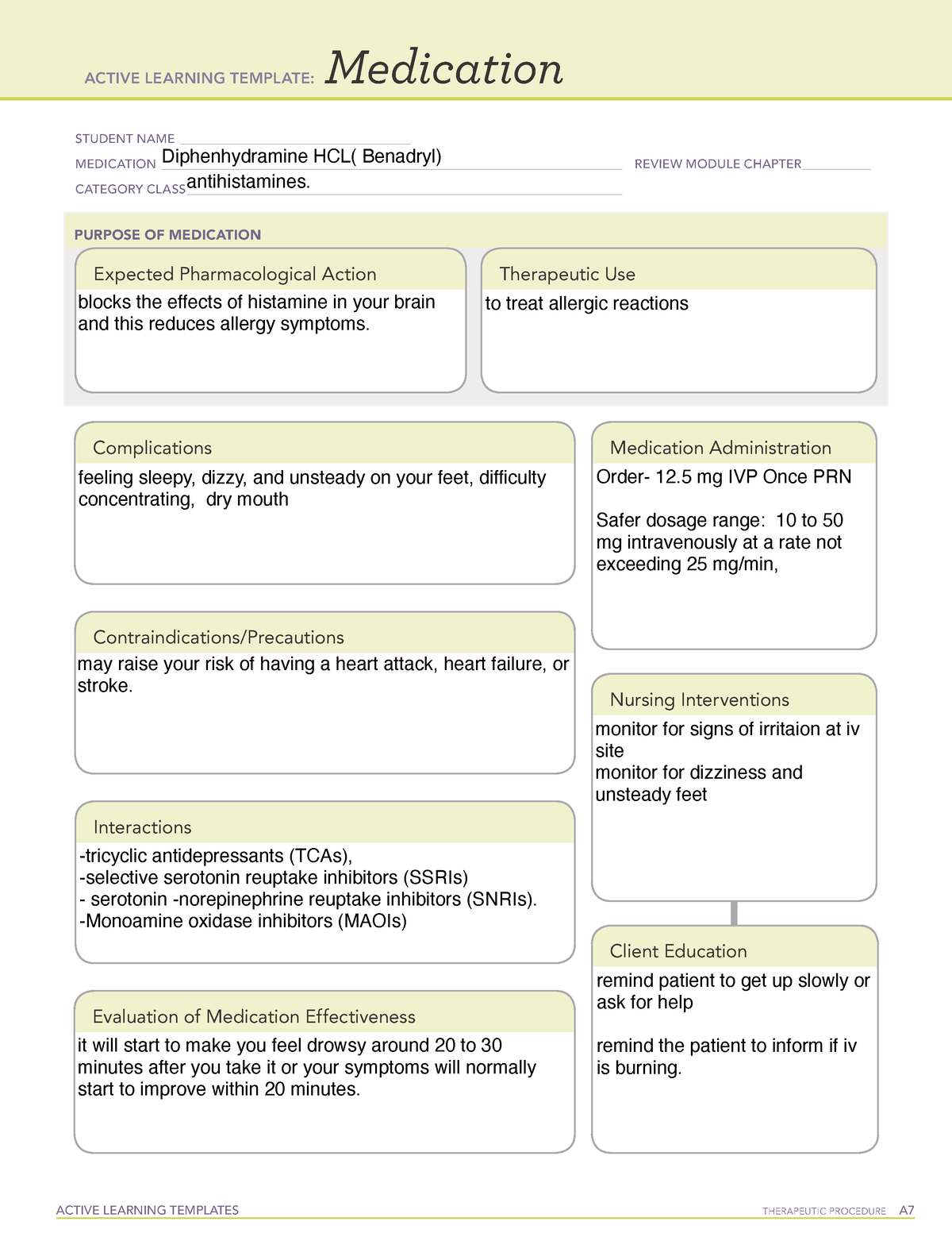 Diphenhydramine Medication card ACTIVE LEARNING TEMPLATES