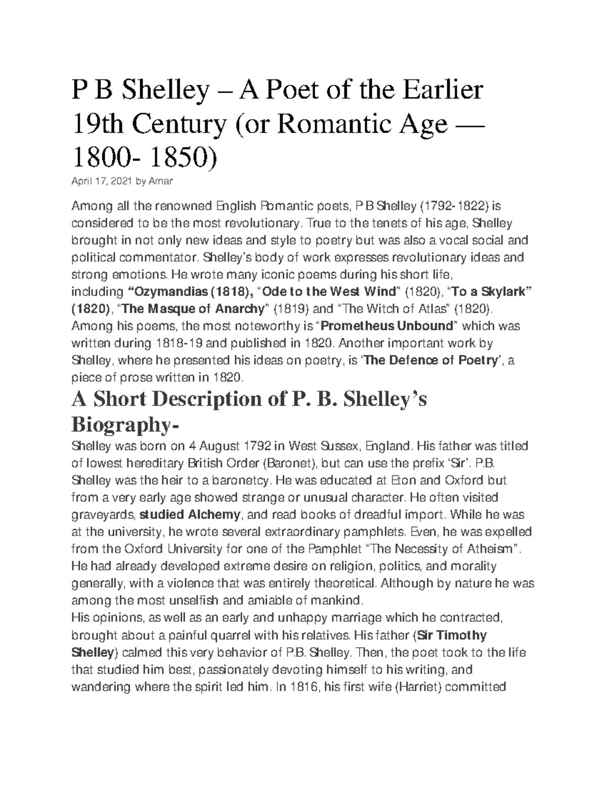 write a critical essay on shelley as a romantic poet