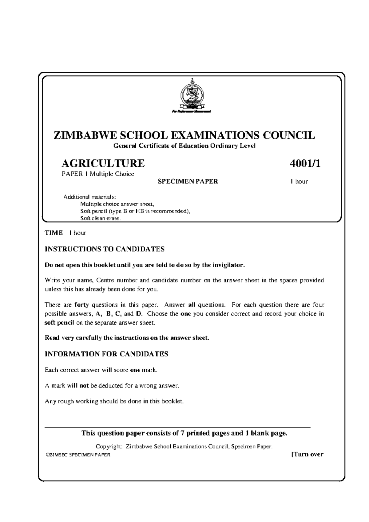 O Levels Agriculture 2018 1 Zimbabwe School Examinations Council General Certificate Of 0213