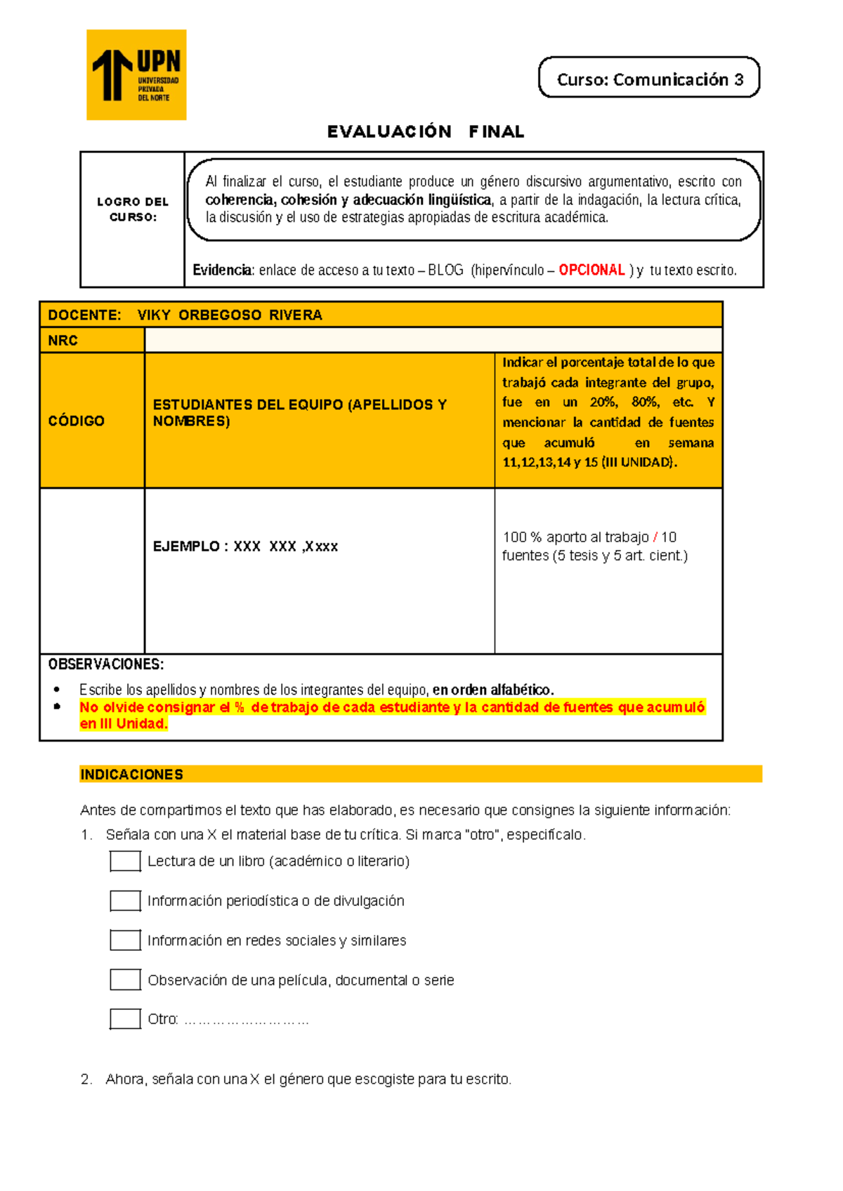 Ojo Evaluaci N Final Com Ug Evaluaci N Final Logro Del Curso