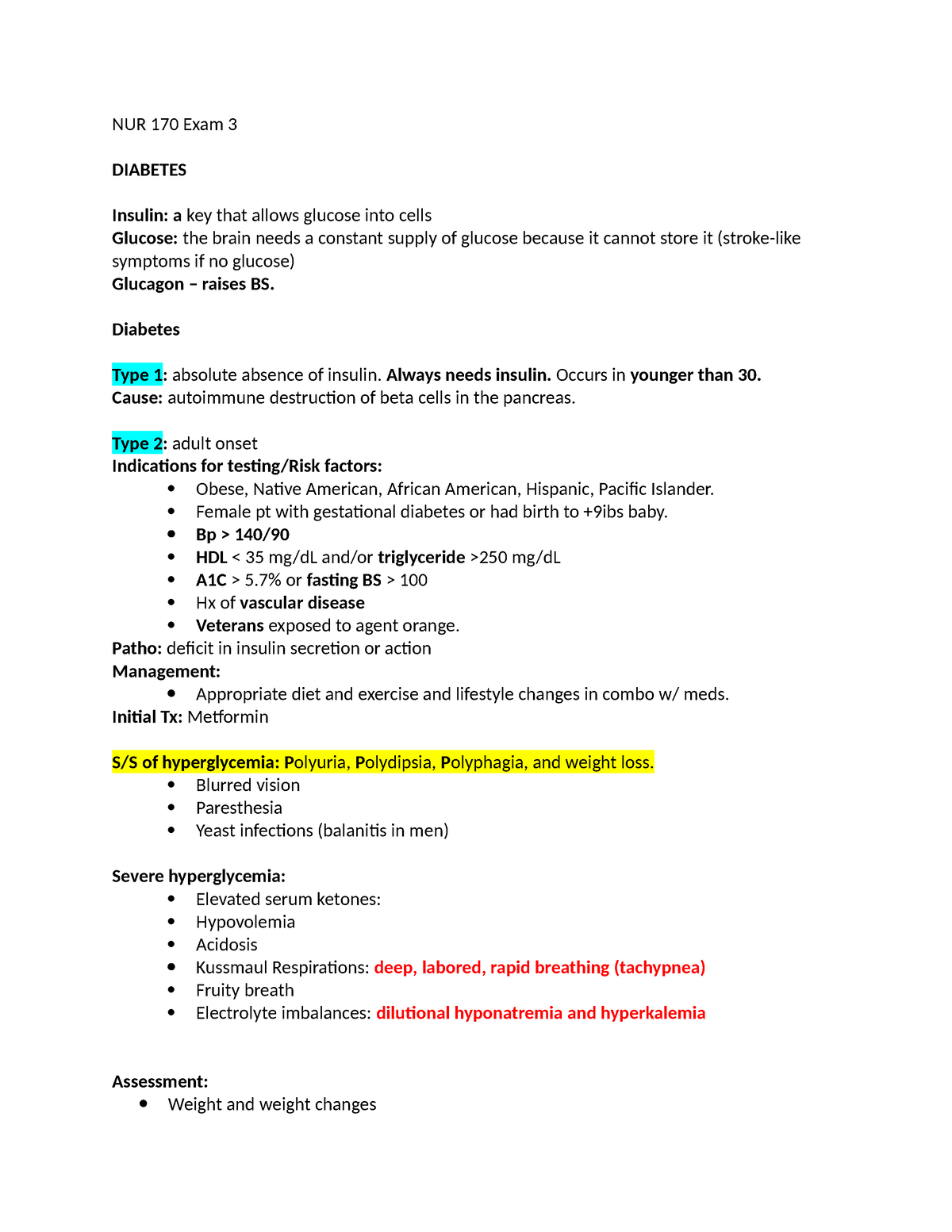 NUR 170 Exam 3 - Notes - NUR 170 Exam 3 DIABETES Insulin: A Key That ...