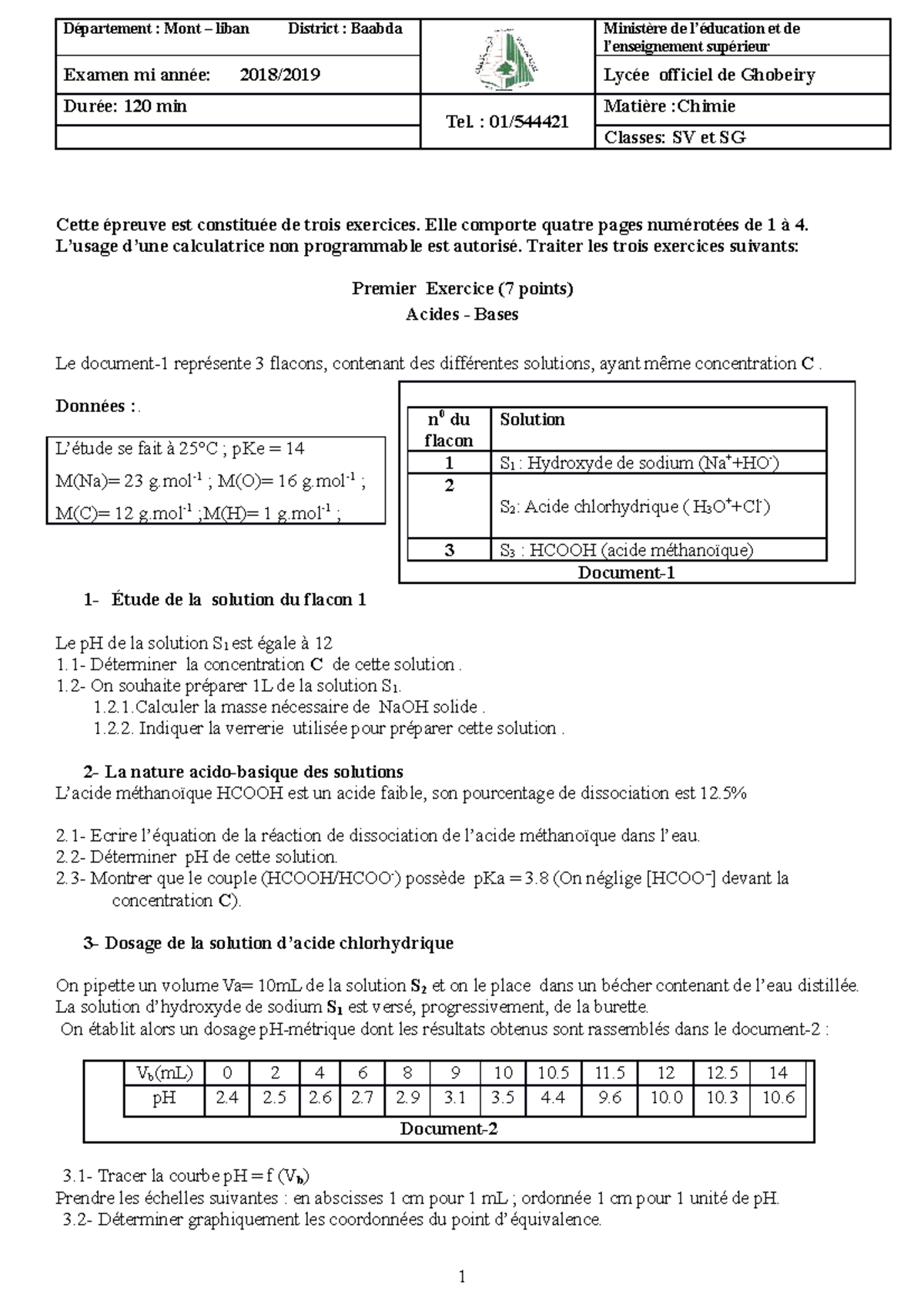 Mi annee examen SV et SG mid term chemistry exam in Lebanon for grade 12 Ministère de Studocu