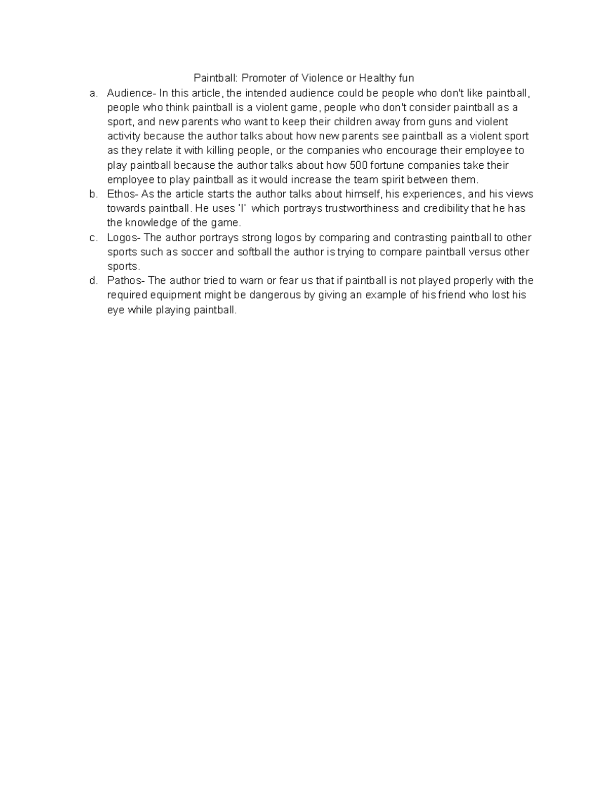 Rhetorical Appeals Analysis (Paintball) Paintball Promoter of