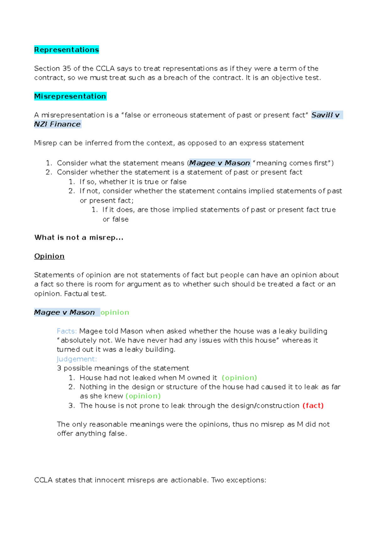 Misrepresentation Summary Notes - Representations Section 35 Of The ...