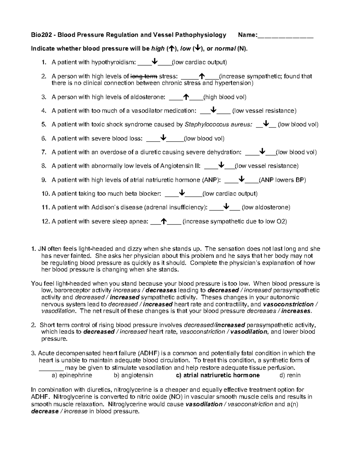 Blood Pressure Questions Lab answers Bio202 Blood Pressure Regulation