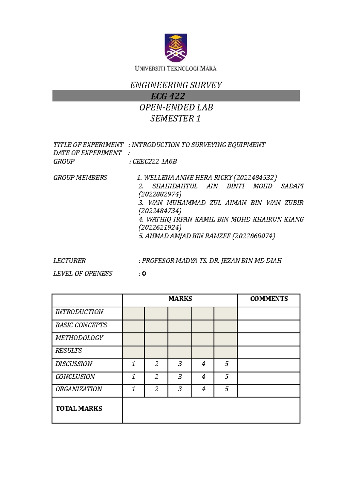 LAB Report Level 0 - ENGINEERING SURVEY ECG 422 OPEN-ENDED LAB SEMESTER ...