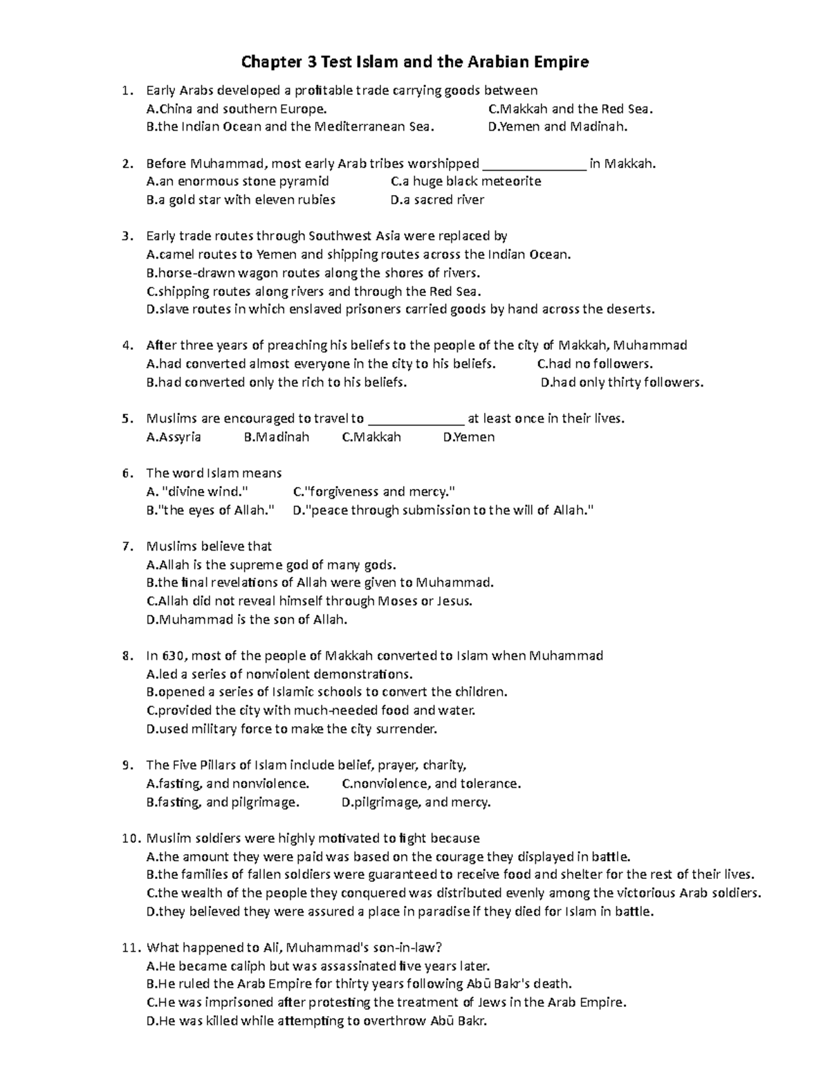 Ch3 Test - Lecture notes 3 - Chapter 3 Test Islam and the Arabian ...