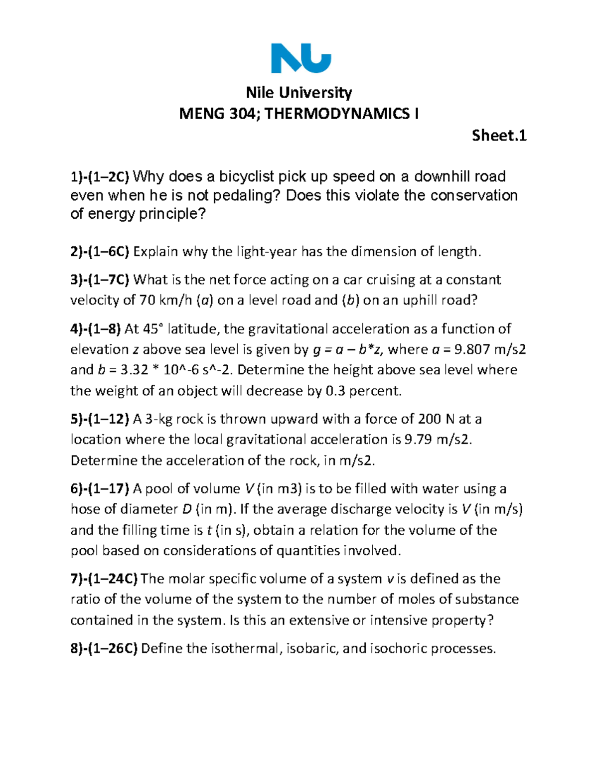 Sheet 1 Lecture Notes 1 Nile Niversity Eng 304 Th Erm Odyna Ic Heet 2c Woy Studocu
