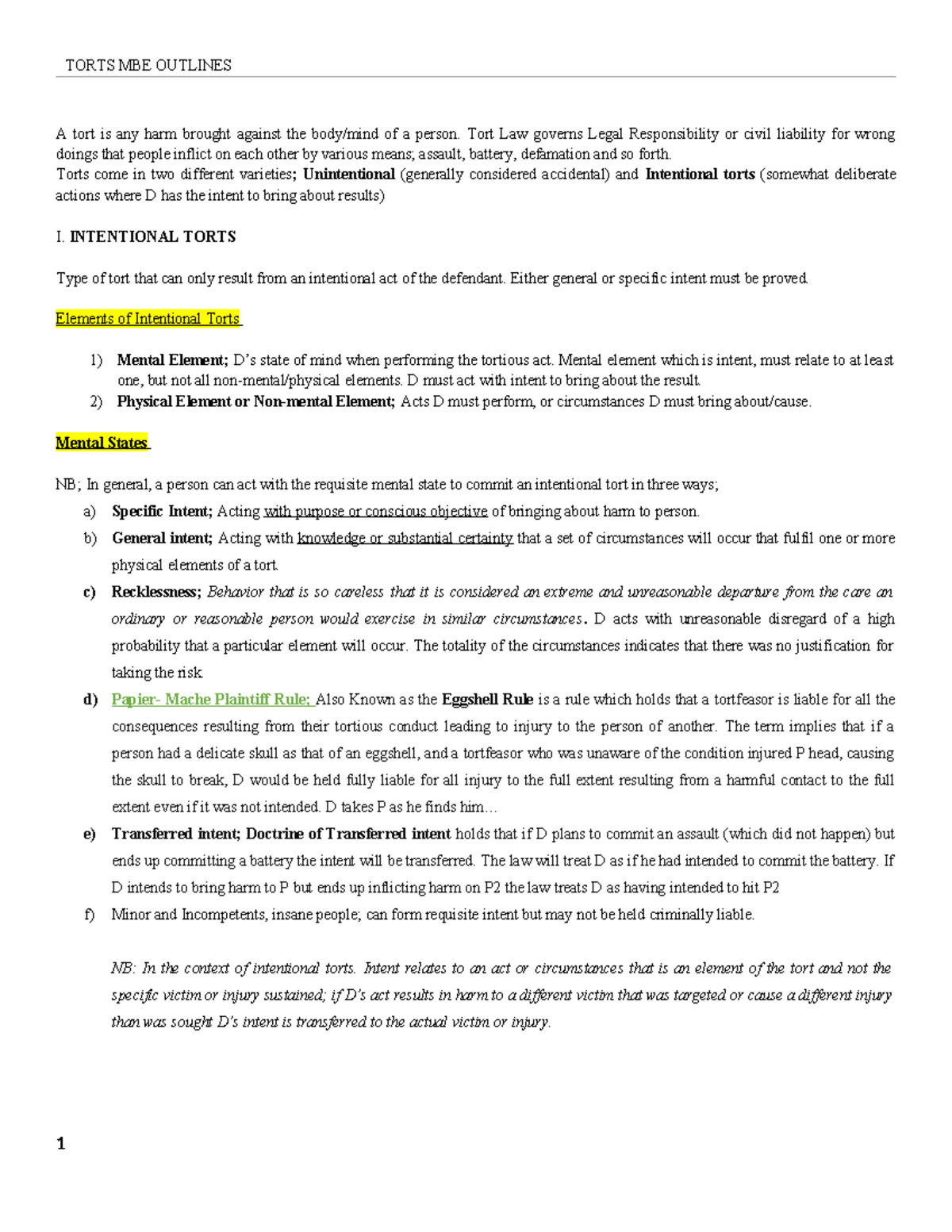 Torts MBE Outlines 1 - An Overview Of Tort Law - TORTS MBE OUTLINES A ...