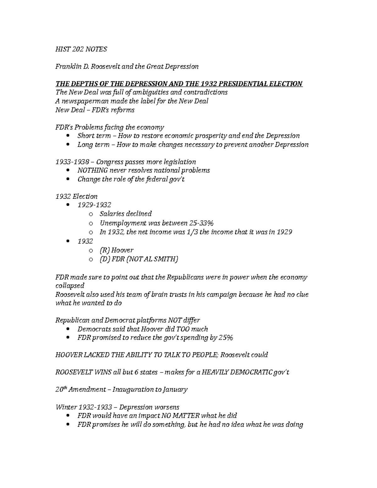 HIST 202 Notes Franklin D. Roosevelt and the Great Depression - HIST ...