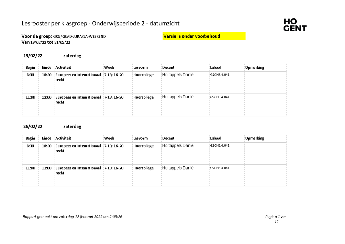 Rooster Klasgroep FAC datumzicht - Lesrooster per klasgroep ...