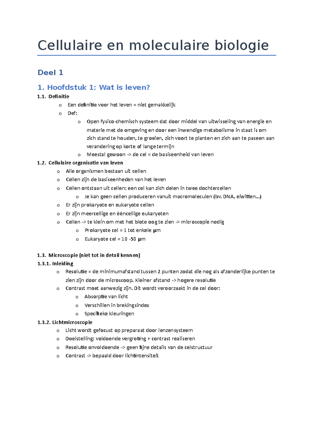 Hoofdstuk 1 En 2 - Samenvatting H1-2 - Cellulaire En Moleculaire ...