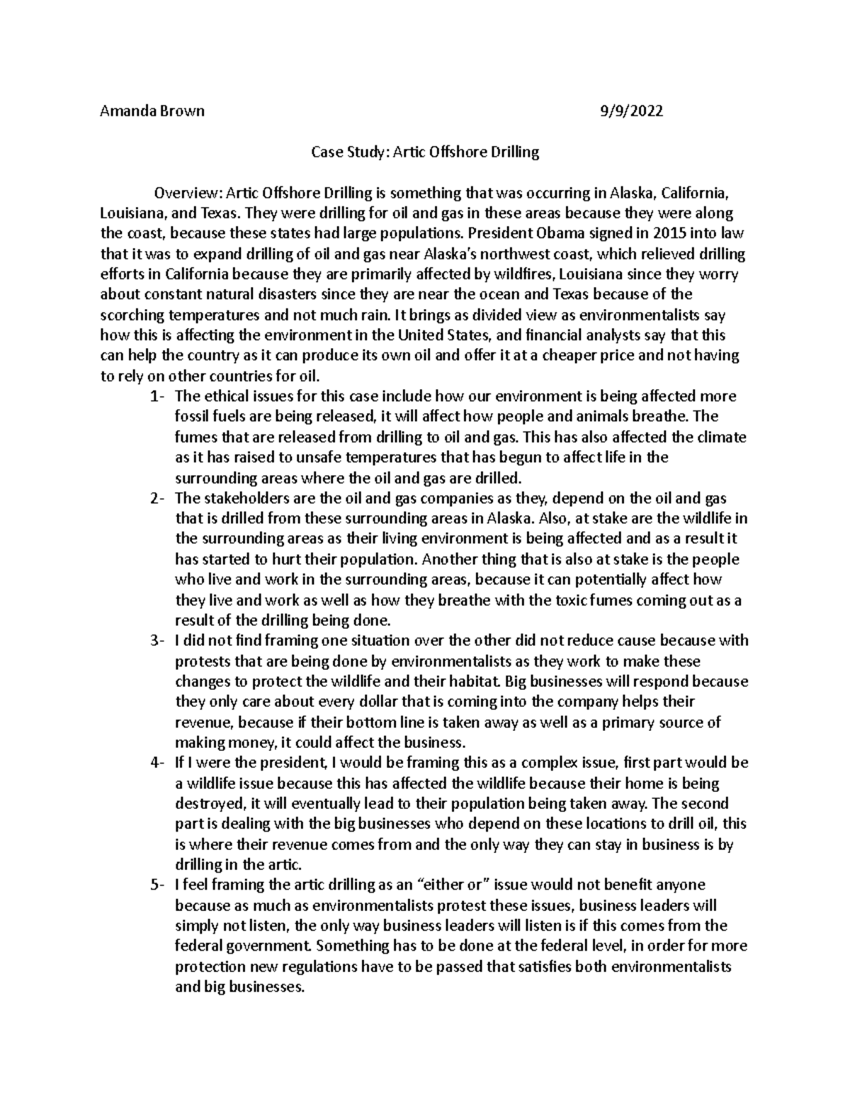 Case Study 1 Amanda Brown - Amanda Brown 9/9/ Case Study: Artic ...