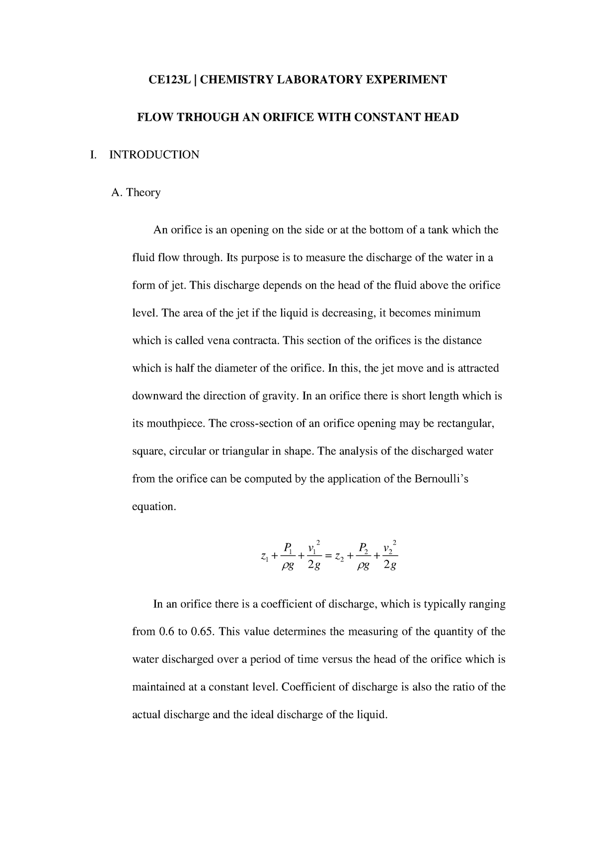 flow through an orifice experiment report