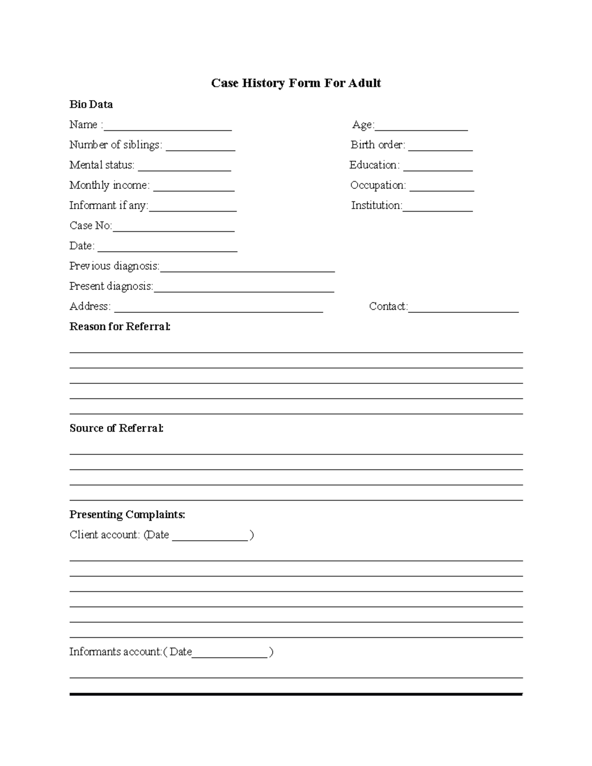 Case History Form For Adult Case History Form For Adult Bio Data Name