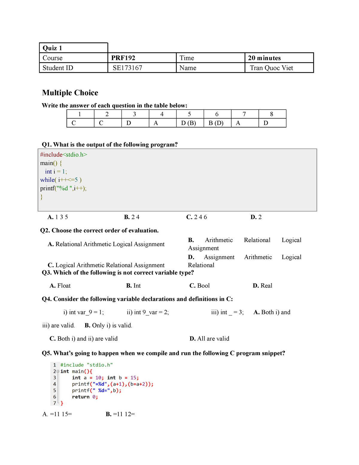 Quiz1-PRF192-in - Assignment - Quiz 1 Course PRF192 Time 20 Minutes ...