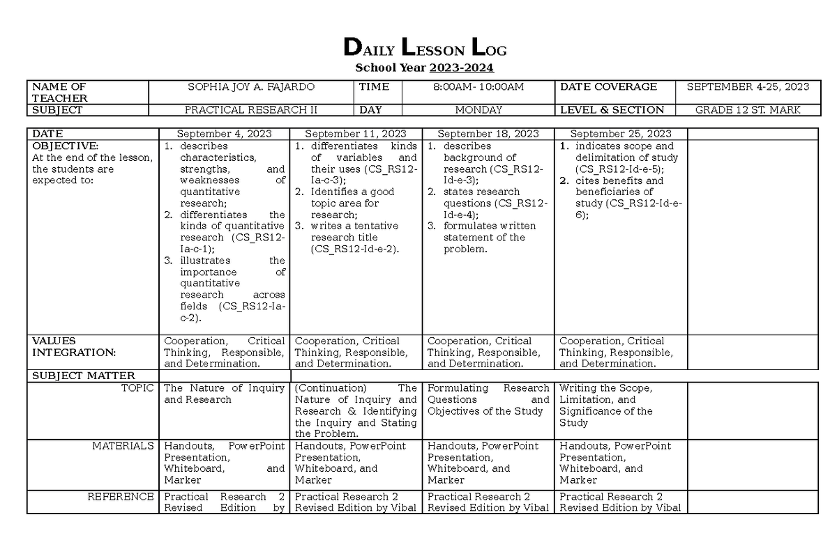 PER-SEPT DLL Practical Research 2 - DAILY LESSON LOG School Year 2023 ...