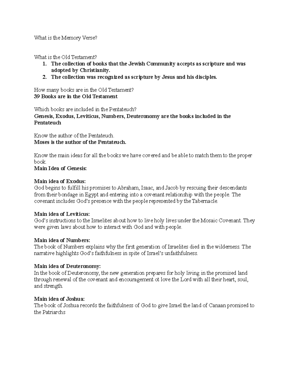 OT Midterm Study Guide - What is the Memory Verse? What is the Old ...