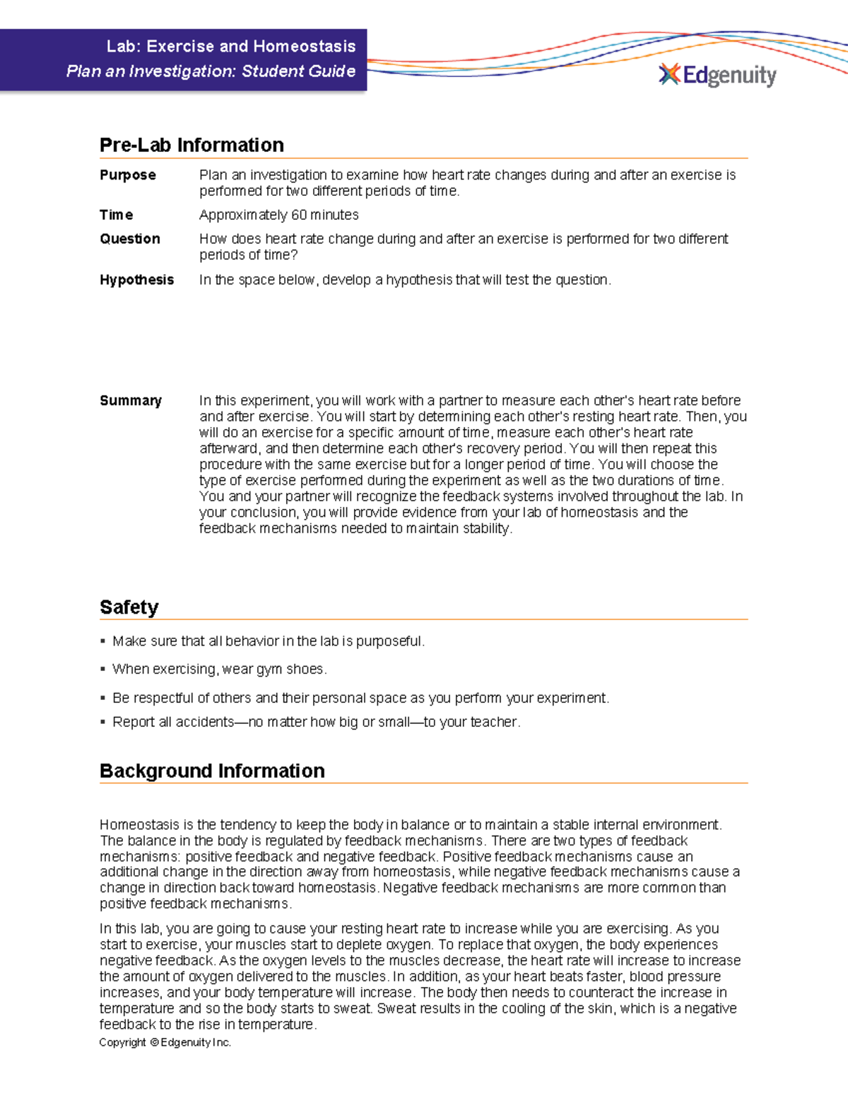 Plan an Investigation Guide Exercise and Homeostasis Student Guide Lab Exercise and Studocu