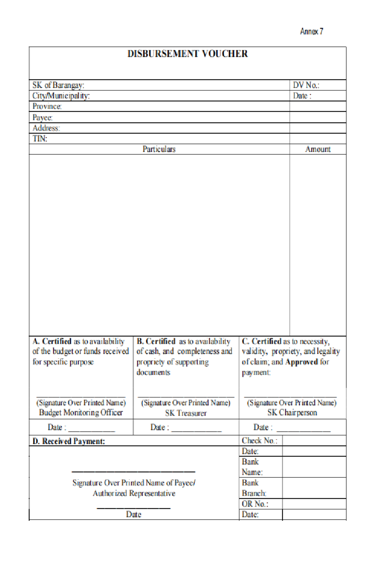 DV & Liquidation Form - sk forms - Annex 7 DISBURSEMENT VOUCHER SK of ...