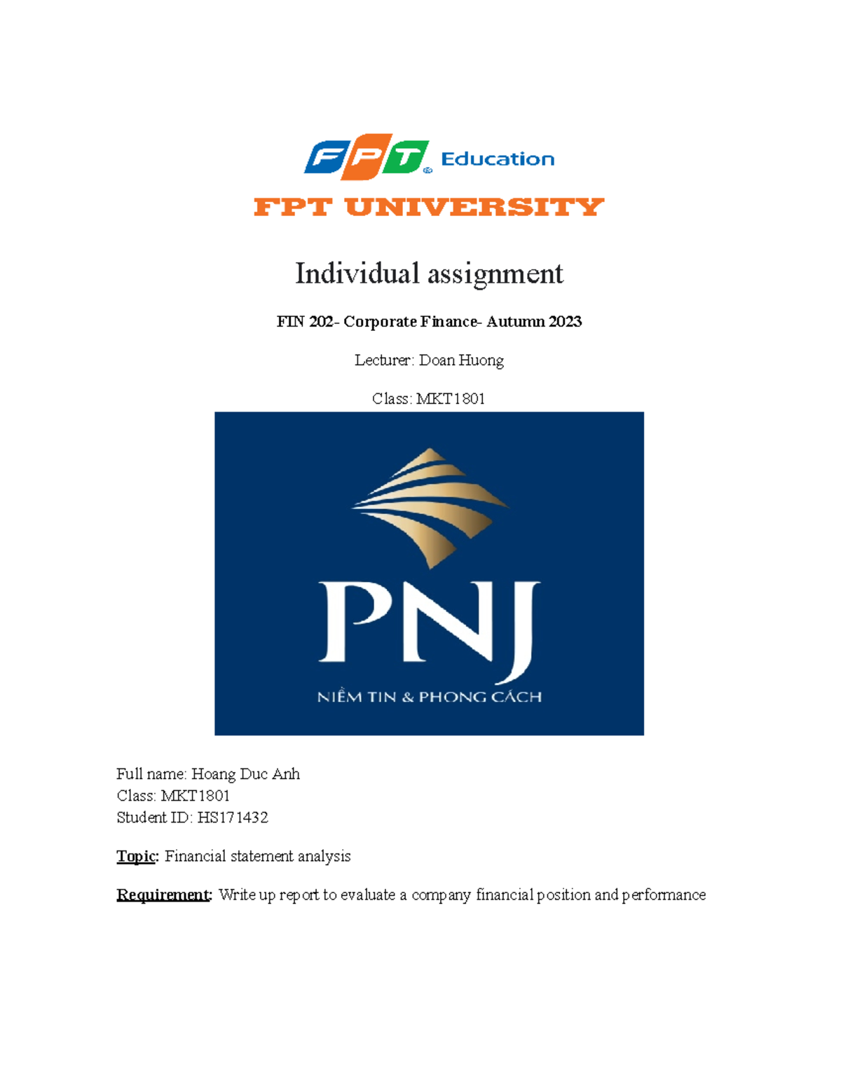 Indi assignment FIN202 - Individual assignment FIN 202- Corporate ...