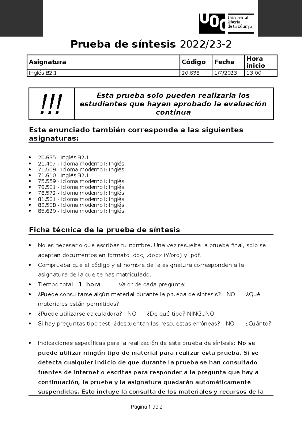 Prueba Sintesis 20230701 Enunciado - English B2.1 - UOC - Studocu