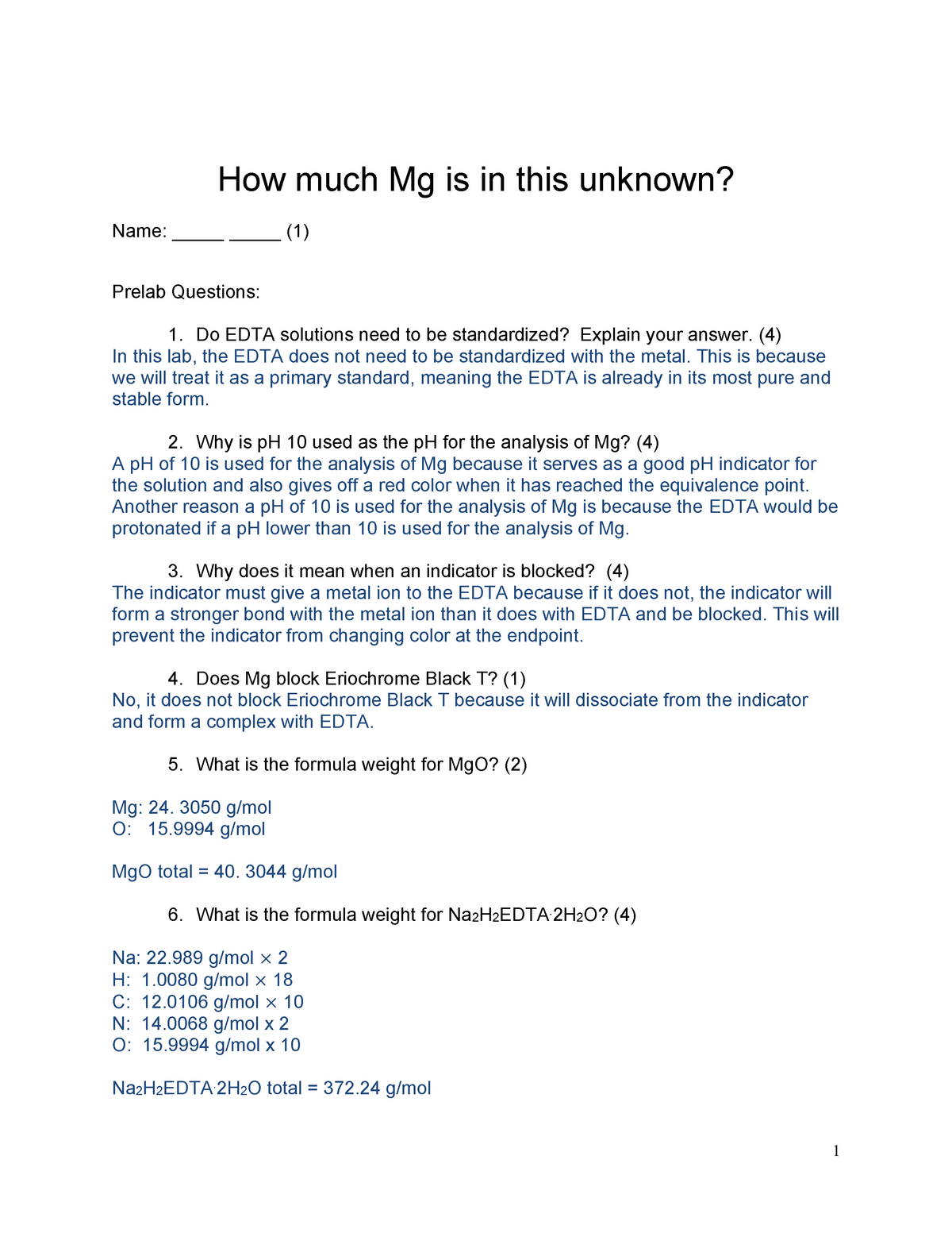 Lab 7 How Much Mg Is In The Unknown Studocu