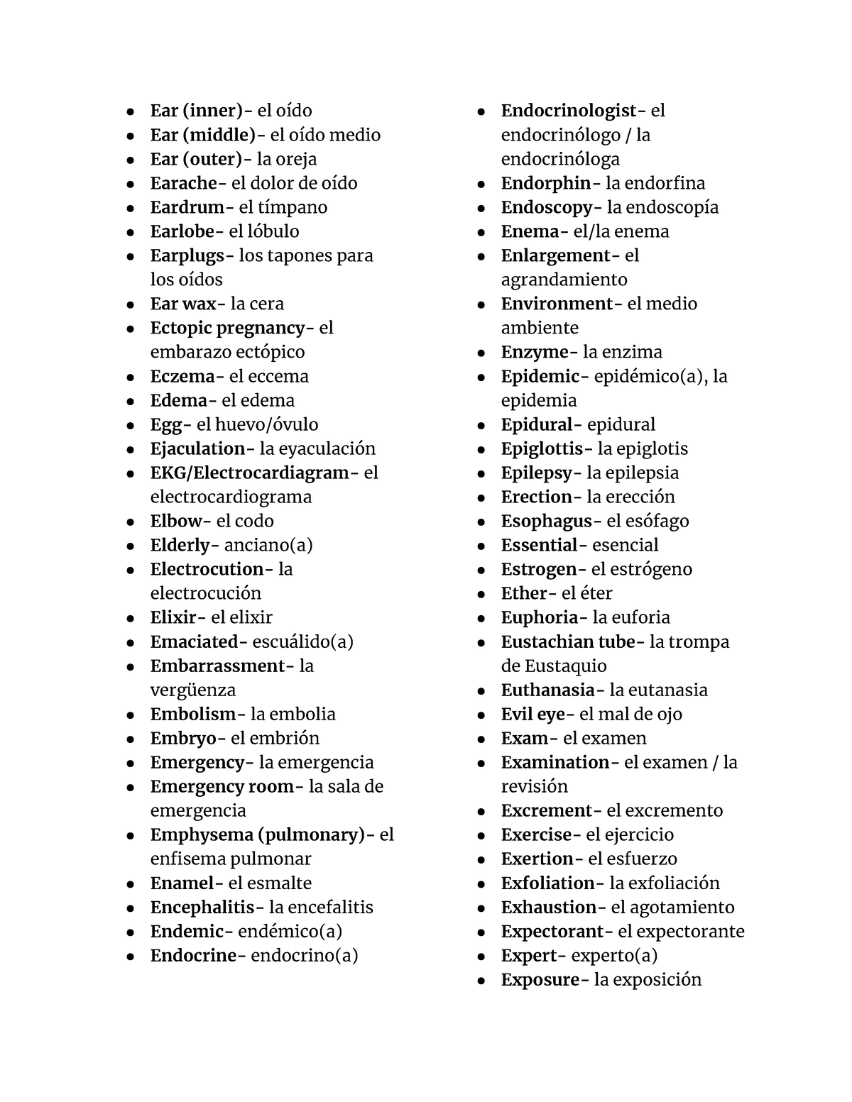 Spanish Medical Dictionary Es - Ear (inner)- el oído Ear (middle)- el ...