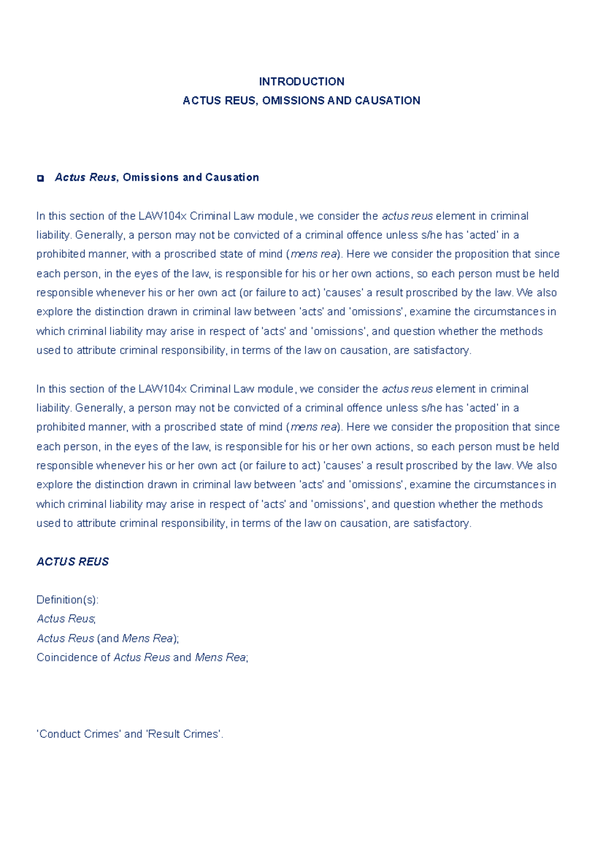104x Actus Reus-Omissions-Causation - INTRODUCTION ACTUS REUS ...