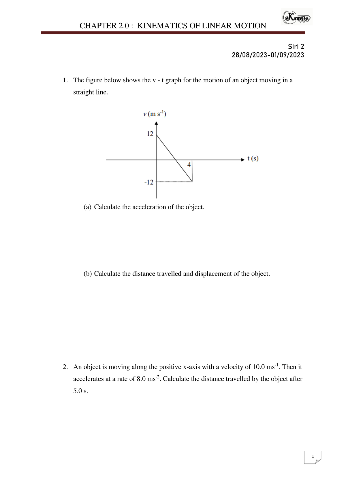 Kinematics Of Linear Motion - Chapter 2 : Kinematics Of Linear Motion 1 