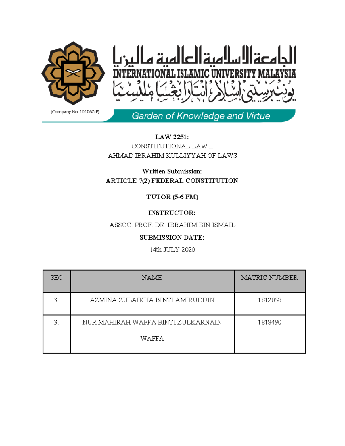 Article 7(2) of Federal Consti - LAW 2251: CONSTITUTIONAL LAW II AHMAD ...