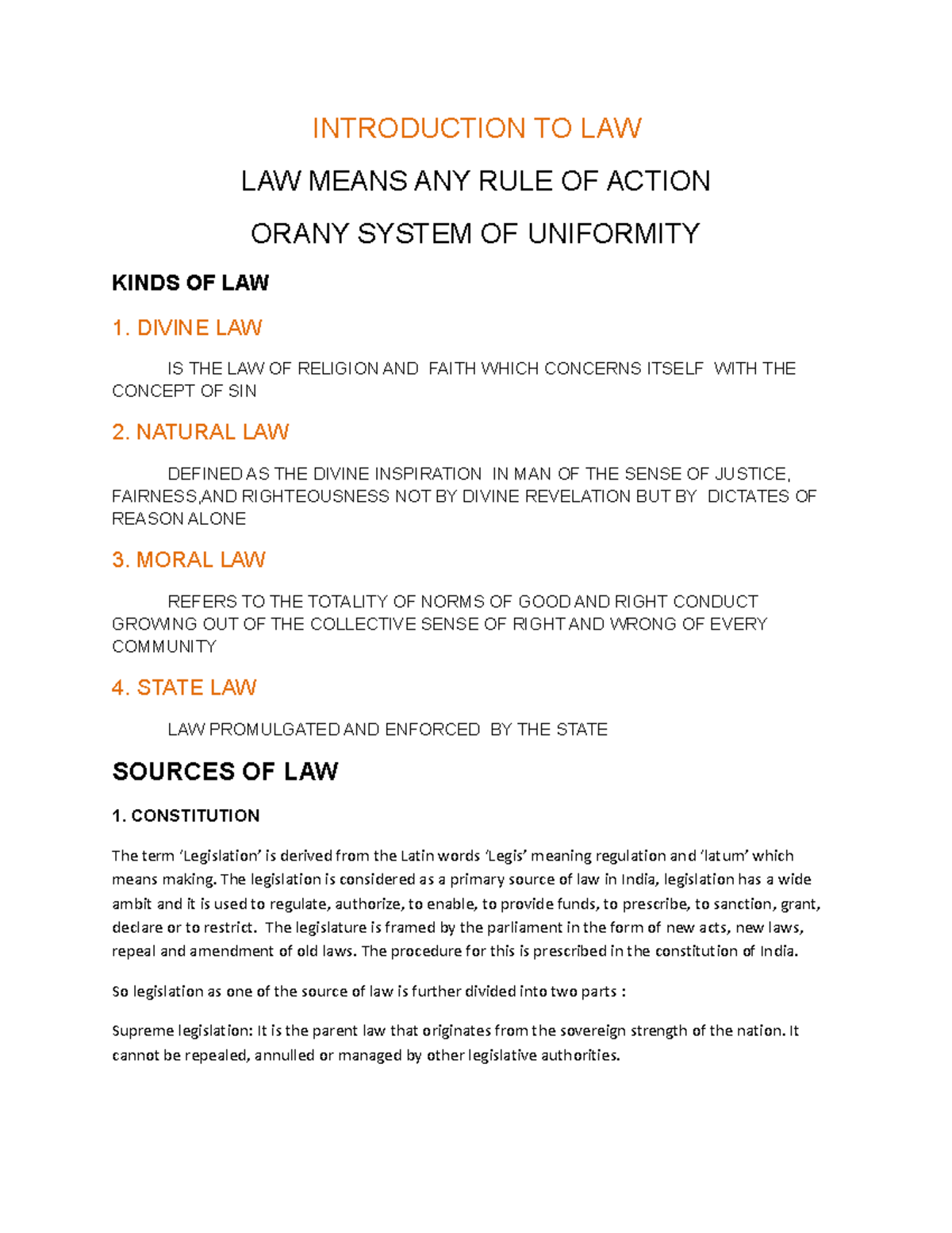 Introduction TO LAW - INTRODUCTION TO LAW LAW MEANS ANY RULE OF ACTION ...