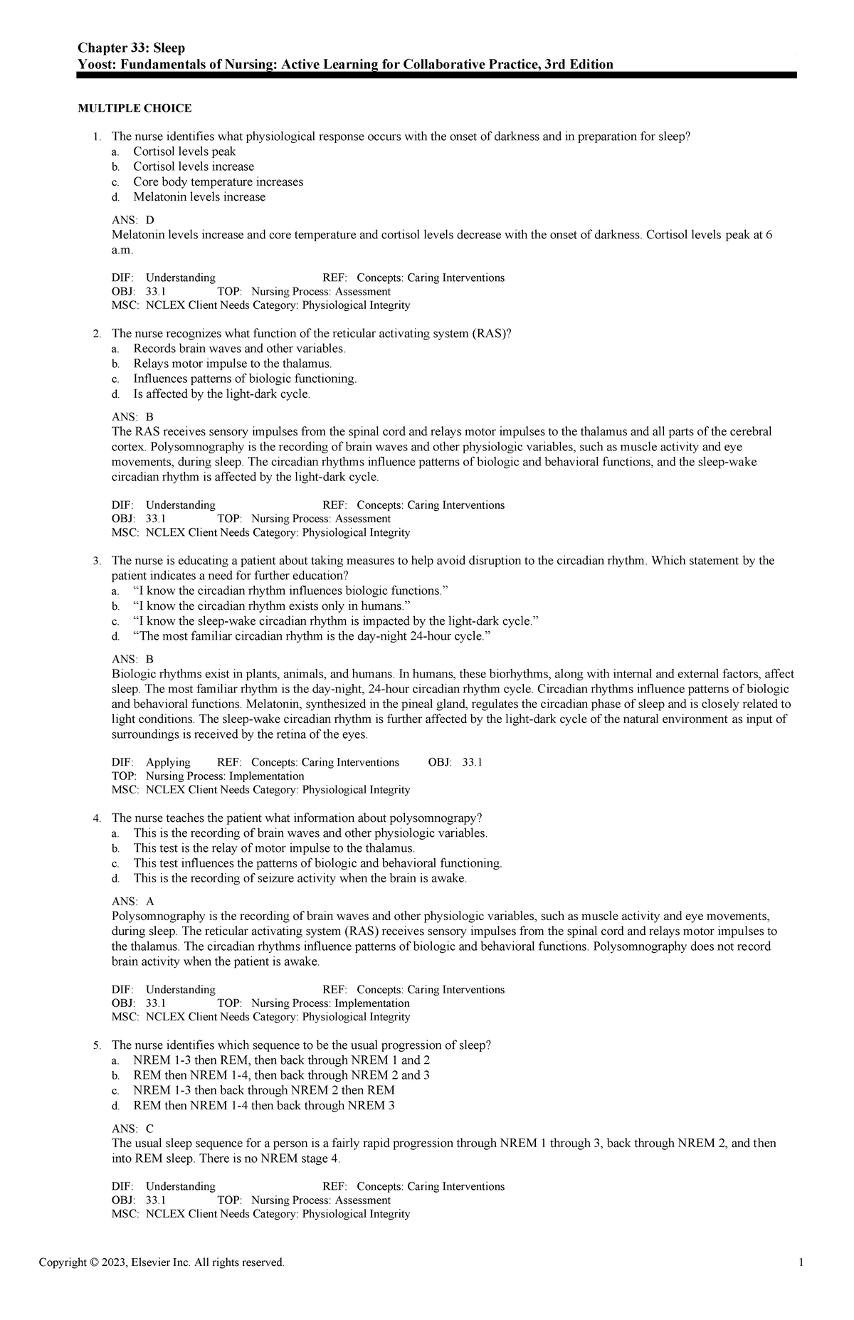 Exam View - Chapter 33 - Adaptive Quiz - Chapter 33: Sleep Yoost ...