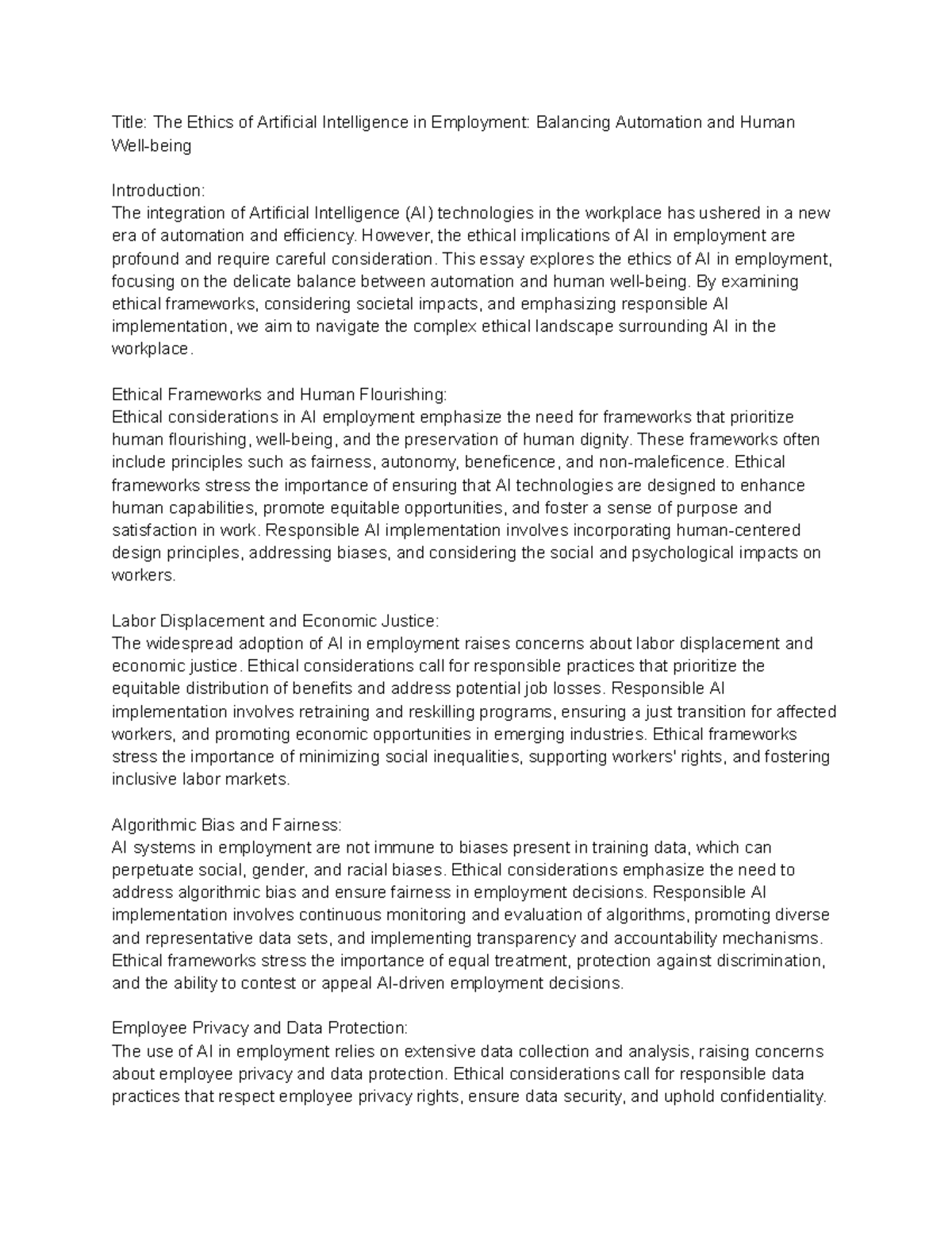 Title The Ethics of Artificial Intelligence in Employment Balancing ...