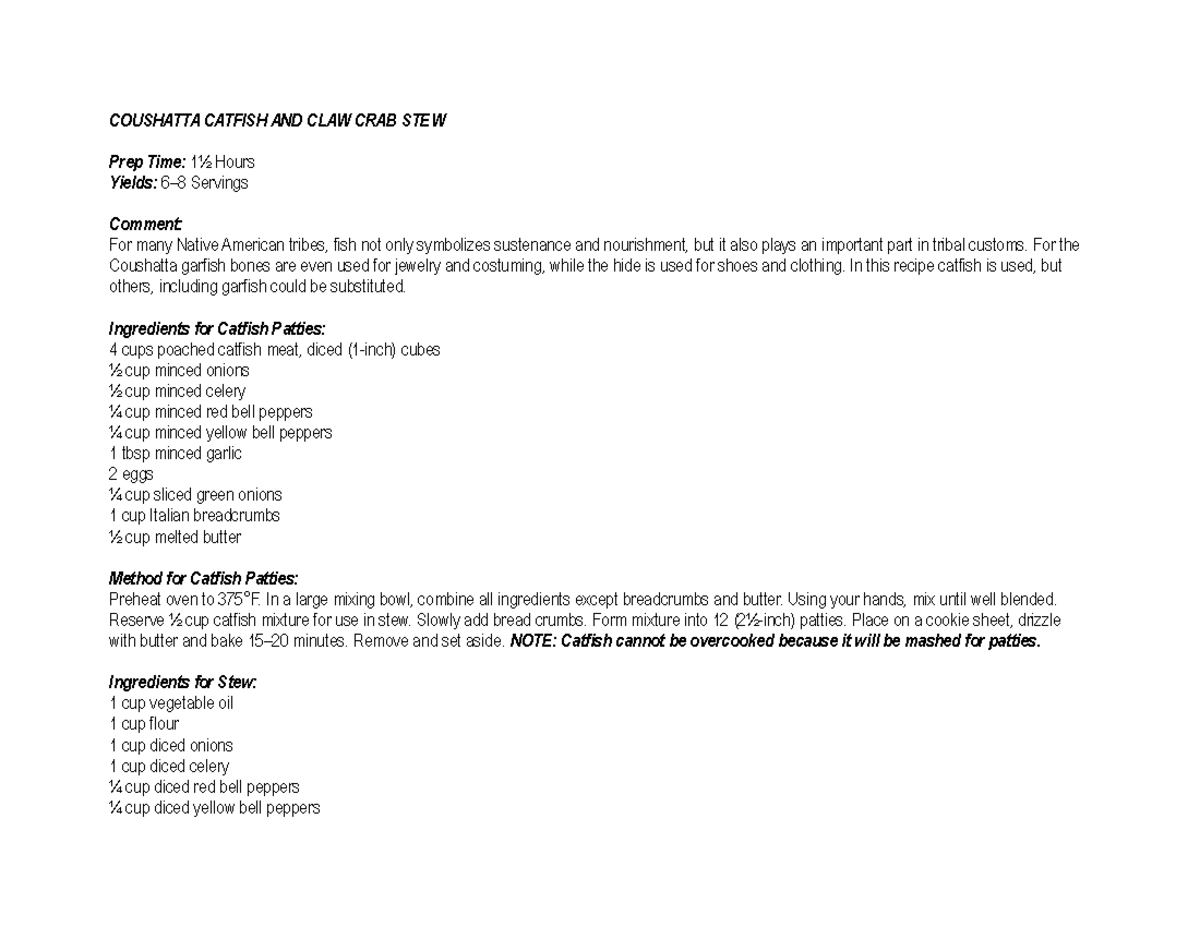 Coushatta Catfish AND CLAW CRAB STEW cajun creole COUSHATTA CATFISH