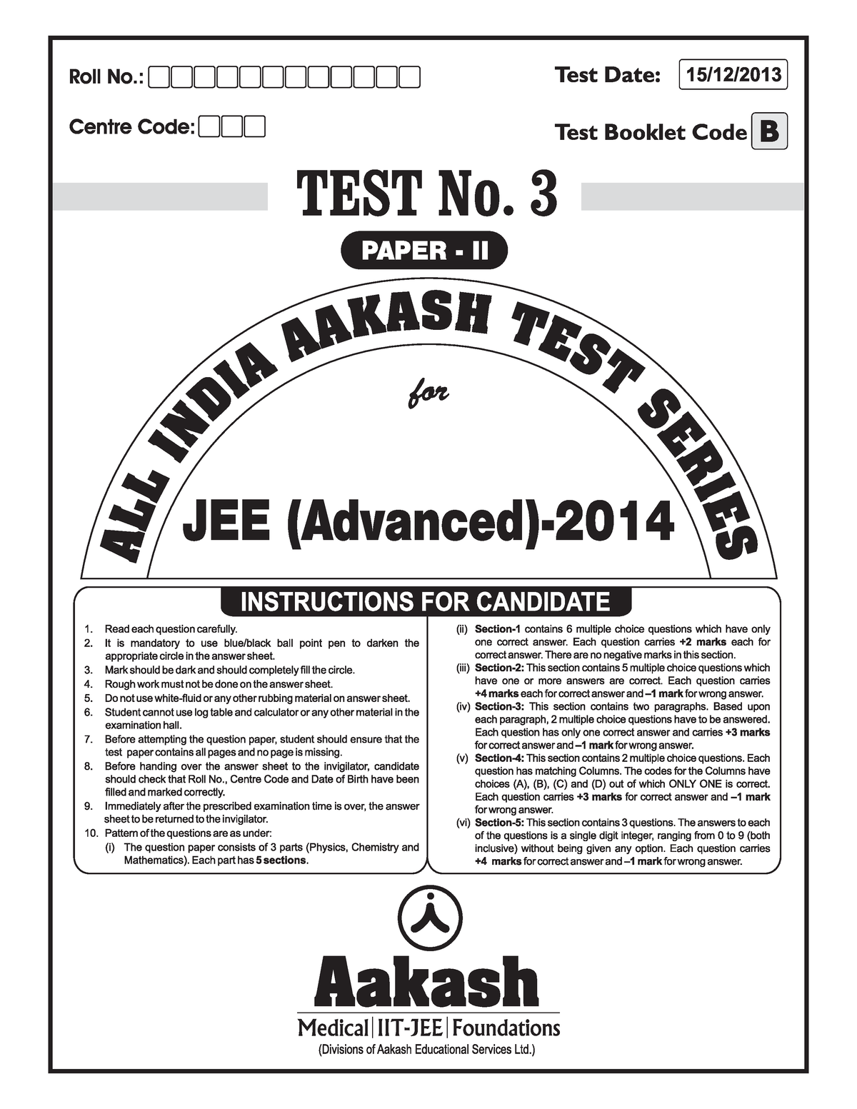 Jee-advanced-2014 Test-3-paper-ii-code-b - Space For Rough Work All ...