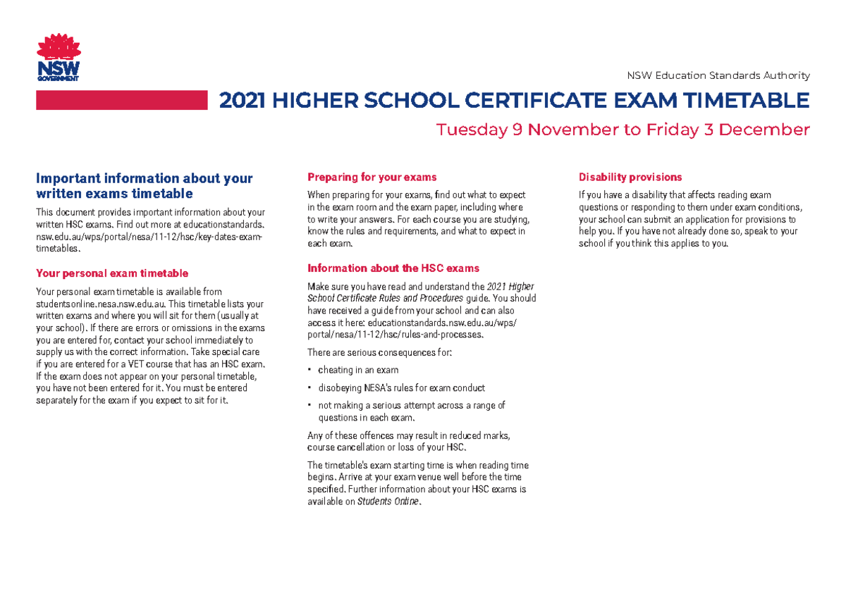 2021 hsc written exam timetable - 2021 HIGHER SCHOOL CERTIFICATE EXAM ...