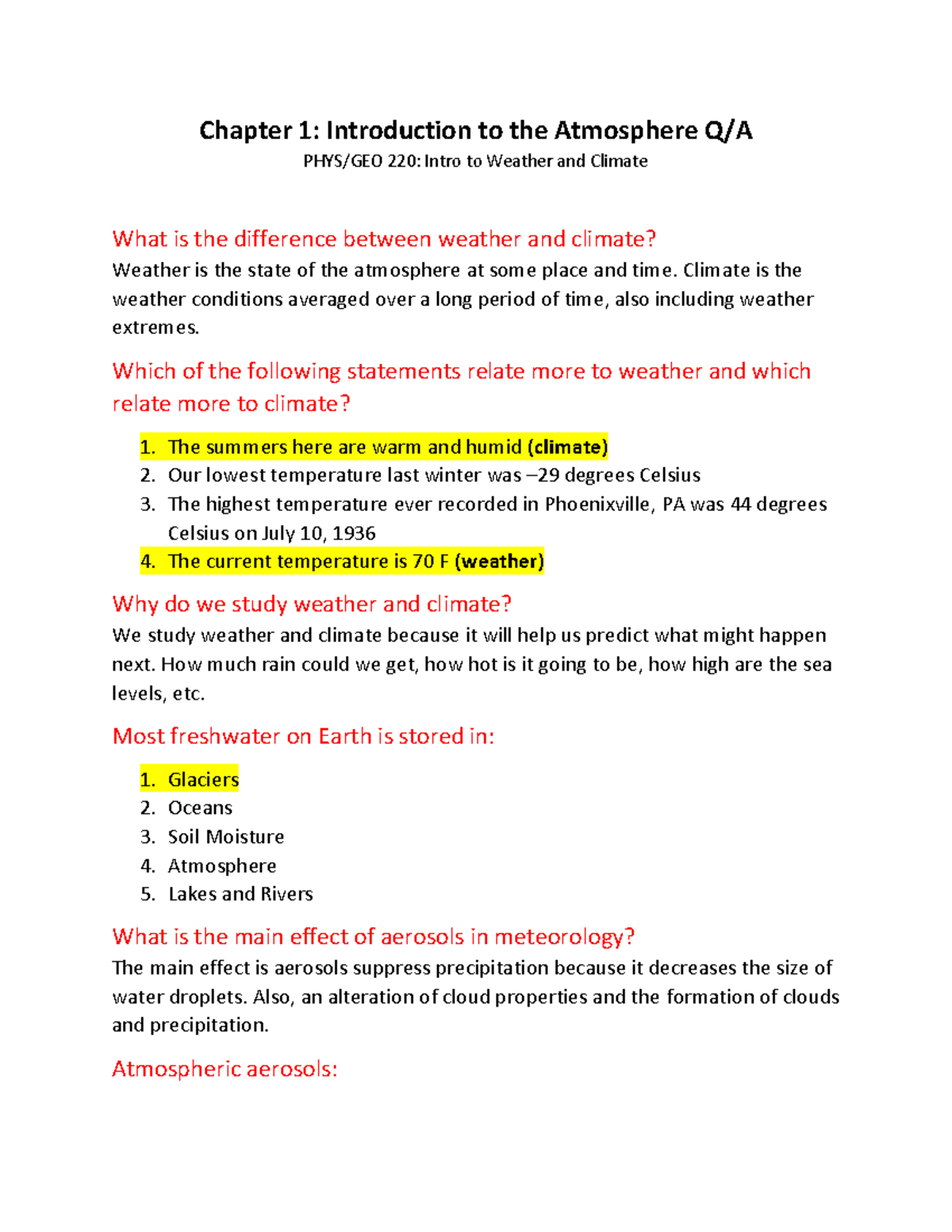Chapter 1 Introduction to the Atmosphere Q and A - Chapter 1 ...