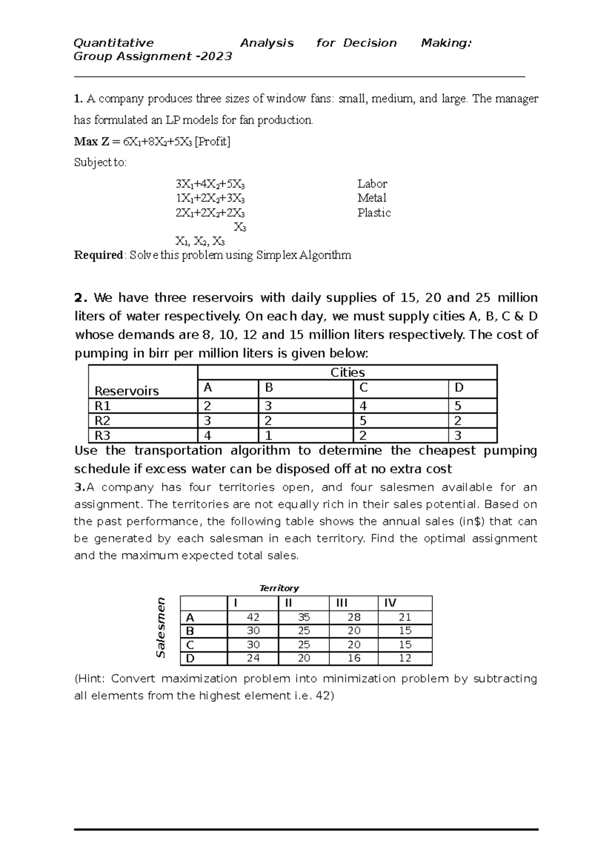 quantitative analysis for decision making assignments