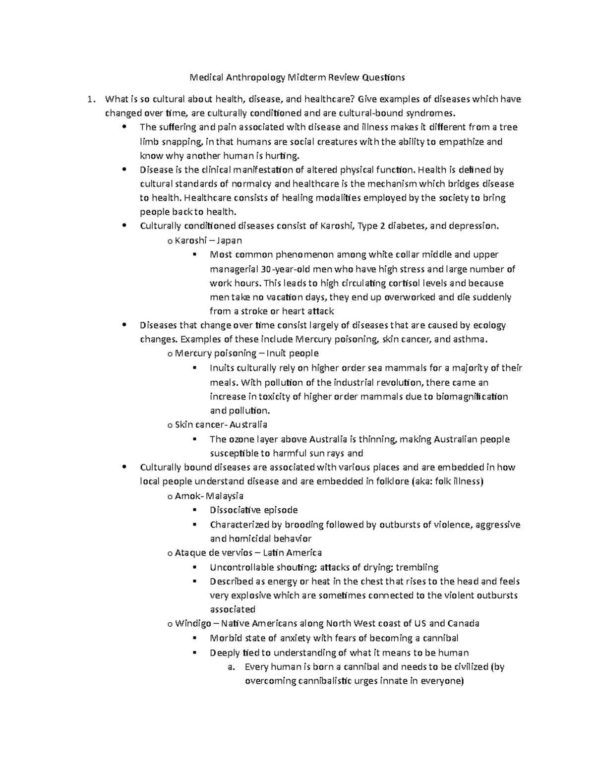 Midterm Review QUestions Medical Anthropology Midterm Review