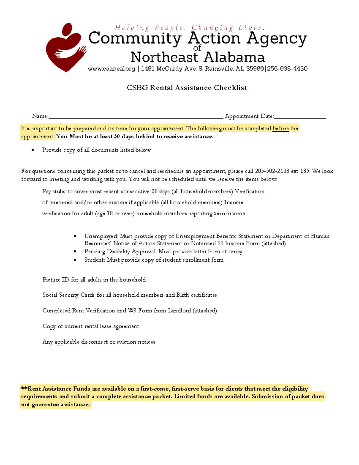 CSGB Rent Packet for printing - CSBG Rental Assistance Checklist - Studocu