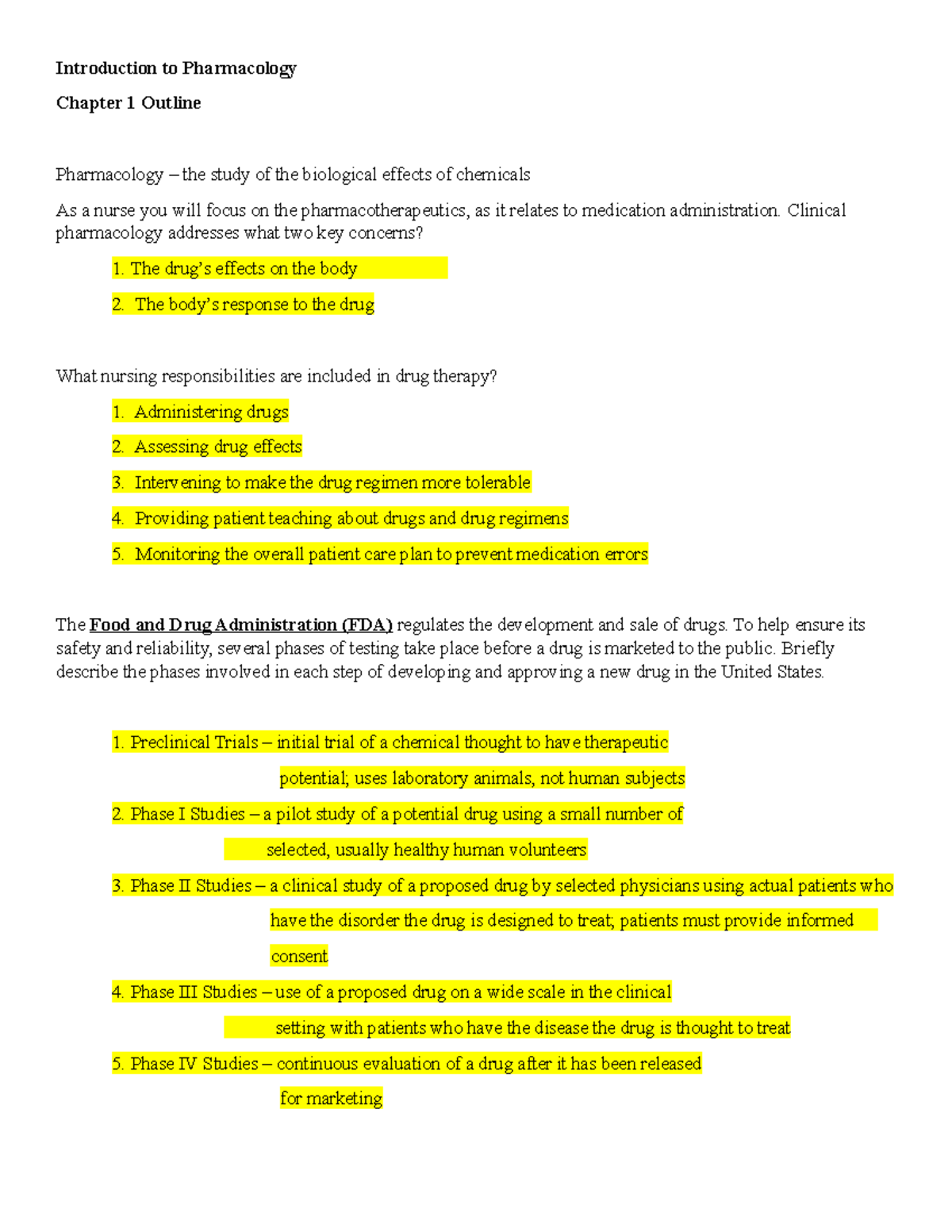 Pharmacology Outline - Introduction to Pharmacology Chapter 1 Outline ...
