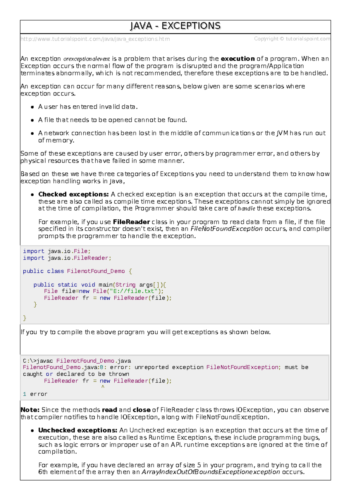 Java exceptions tutorialspoint/java/java_exceptions.htm Copyright