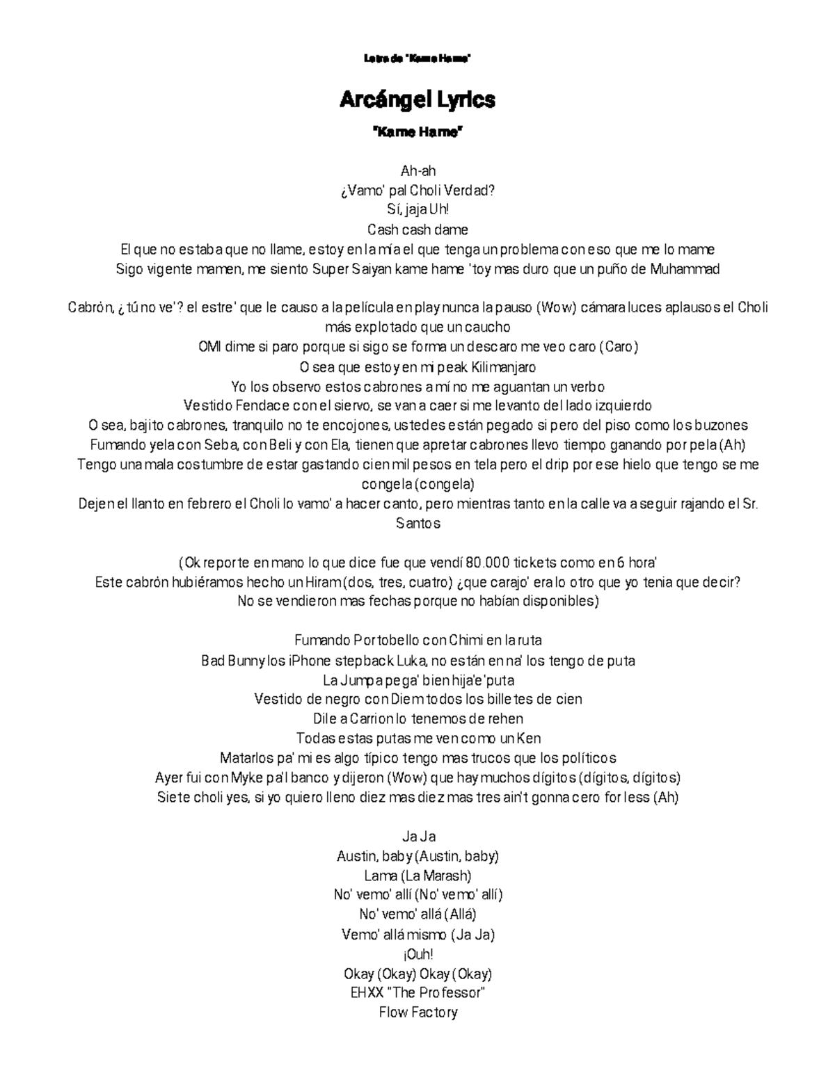 Arcángel Letra de Kame Hame Lyrics at AZLyrics Le tr a d e " Ka m e