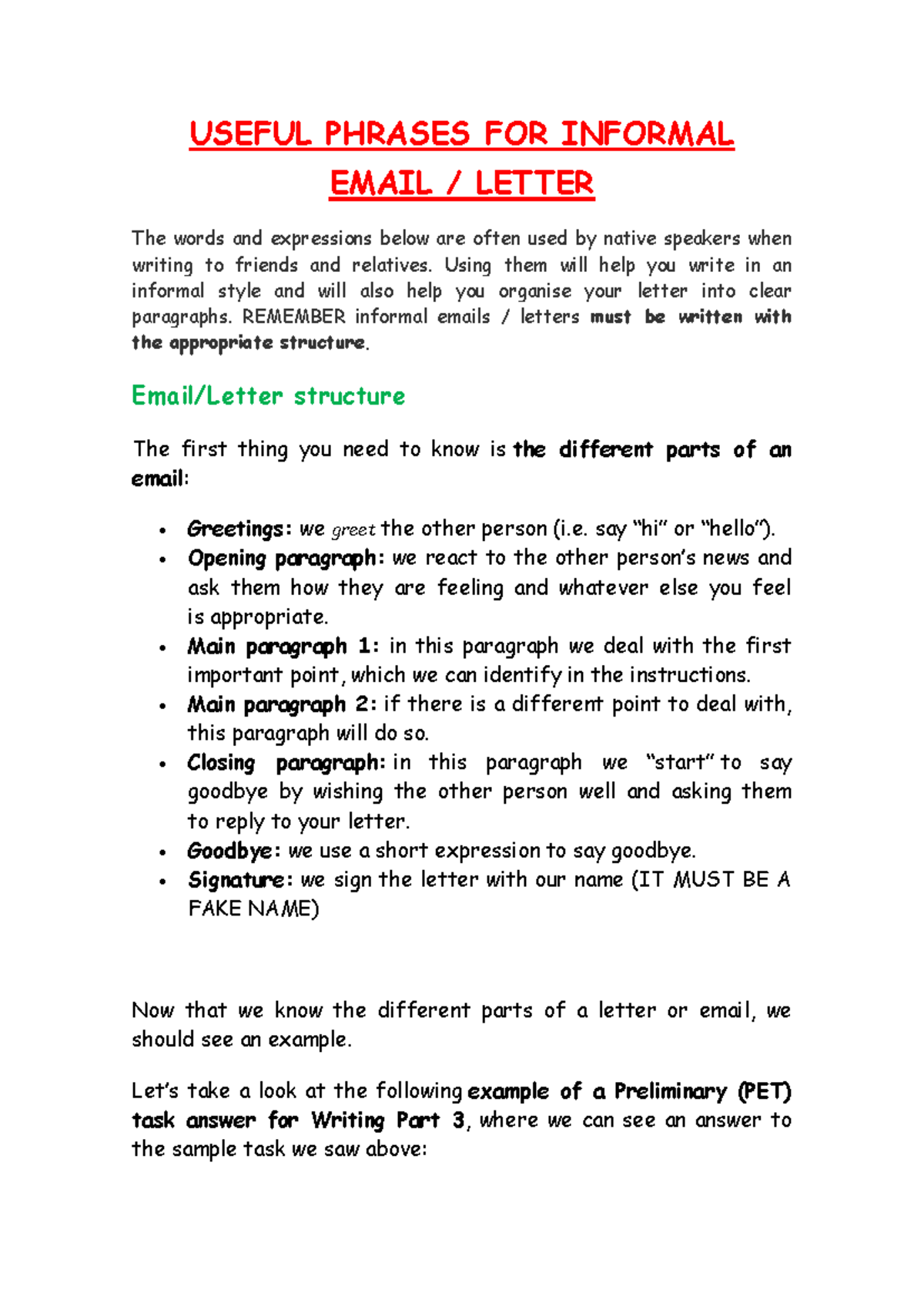 Useful Phrases FOR Informal Email - USEFUL PHRASES FOR INFORMAL EMAIL ...