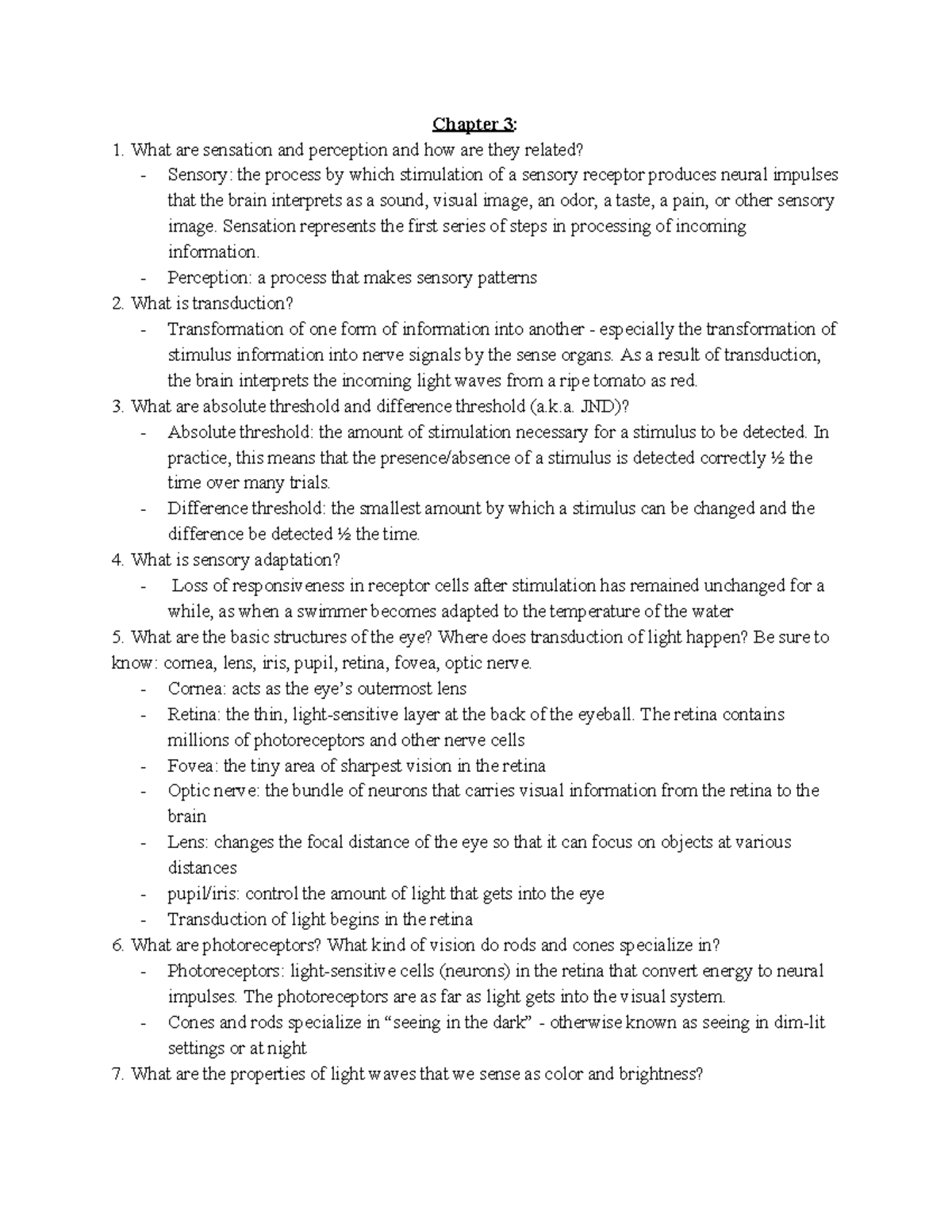 Chapter 3 - Lecture Notes 3 - Chapter 3 : 1. What Are Sensation And ...